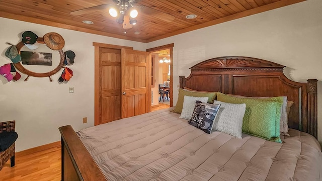 bedroom with a ceiling fan, wooden ceiling, and wood finished floors