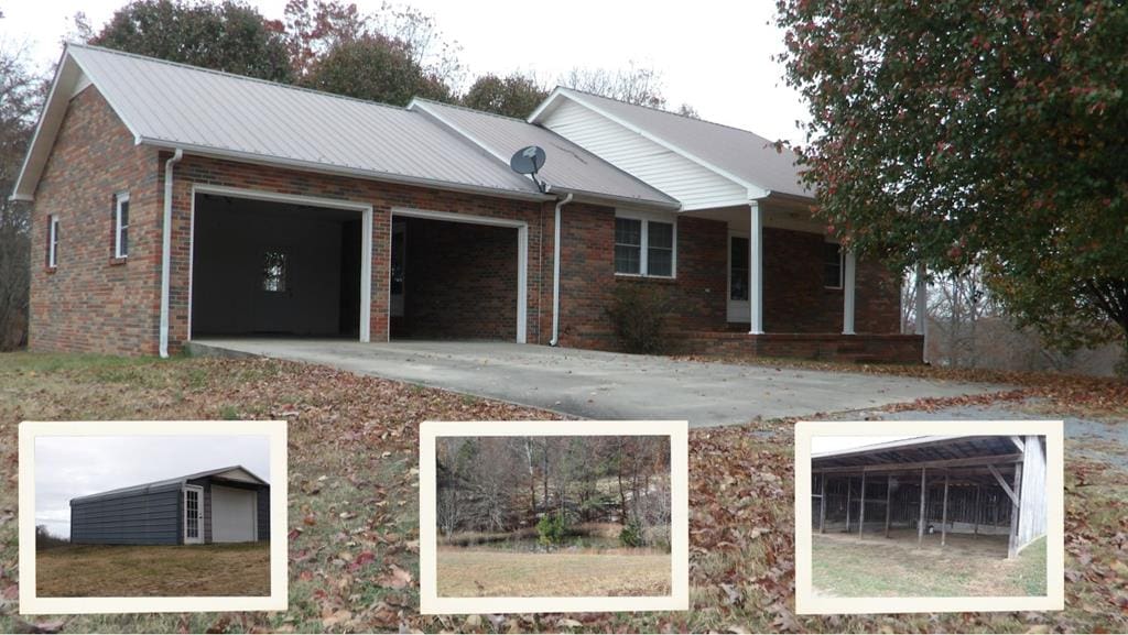 single story home with an attached garage, metal roof, concrete driveway, and brick siding