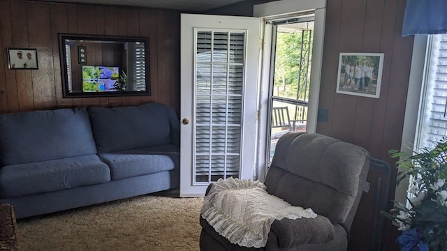 living area with carpet and wooden walls