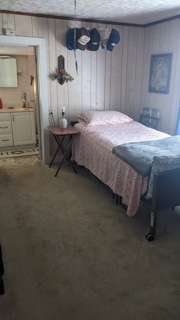 bedroom featuring wood walls, carpet, and ensuite bathroom