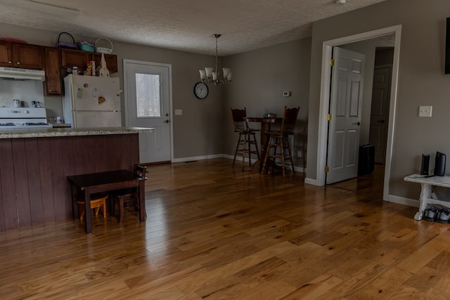 kitchen featuring light wood-style flooring, under cabinet range hood, white appliances, light countertops, and decorative light fixtures