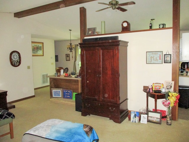 bedroom with visible vents, vaulted ceiling with beams, light carpet, and baseboards