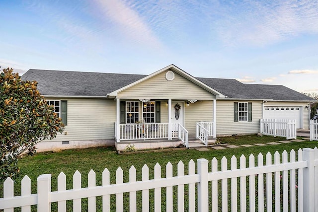 ranch-style home featuring a fenced front yard, roof with shingles, a porch, crawl space, and a garage