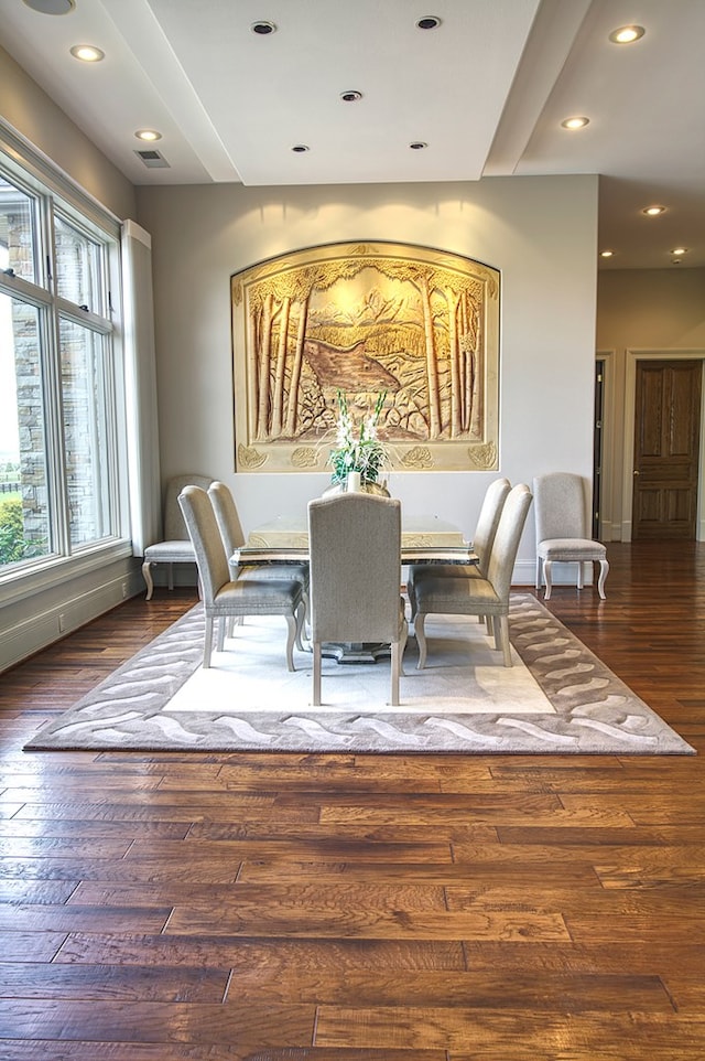 dining room with visible vents, dark wood-style flooring, and recessed lighting