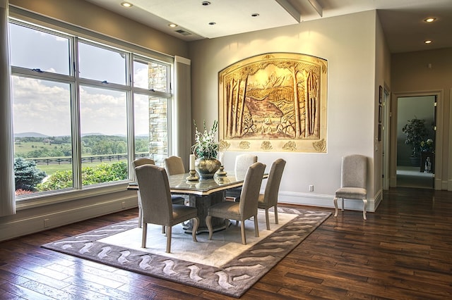 dining area with plenty of natural light and dark wood-style flooring