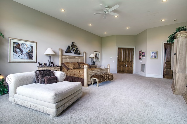 bedroom featuring visible vents, baseboards, light colored carpet, ceiling fan, and recessed lighting