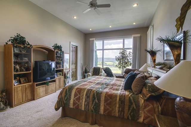 carpeted bedroom with recessed lighting and ceiling fan