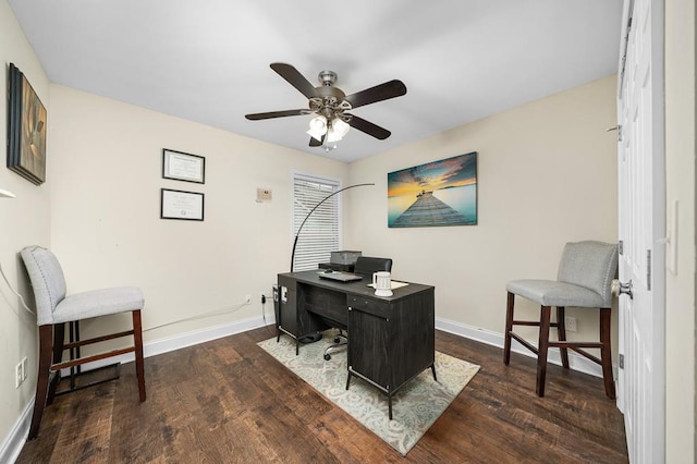 office with dark wood-style flooring, ceiling fan, and baseboards