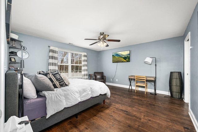 bedroom featuring a ceiling fan, visible vents, baseboards, and wood finished floors