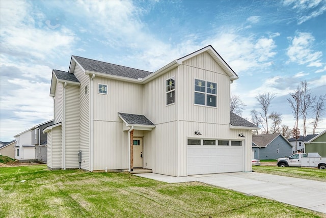 modern farmhouse with a garage, a front yard, concrete driveway, and a shingled roof