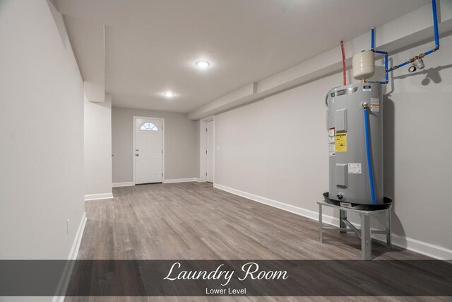 foyer with wood finished floors, electric water heater, and baseboards