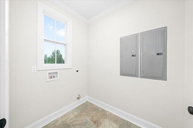 washroom featuring laundry area, baseboards, ornamental molding, washer hookup, and electric dryer hookup