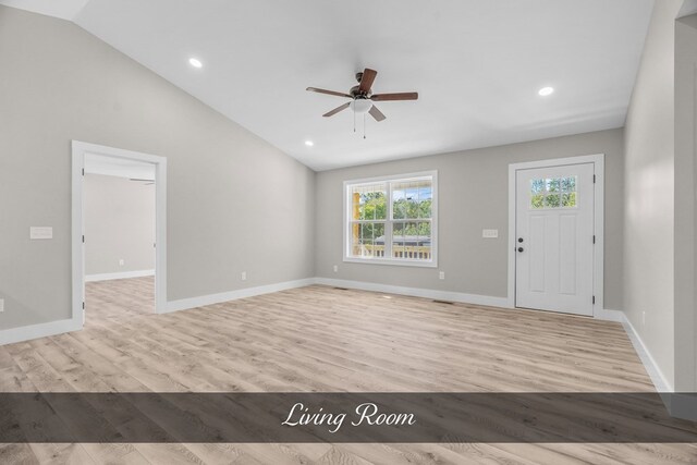 interior space featuring light wood-style flooring, baseboards, ceiling fan, and recessed lighting