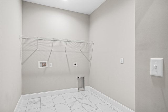 laundry room with baseboards, laundry area, hookup for a washing machine, marble finish floor, and electric dryer hookup