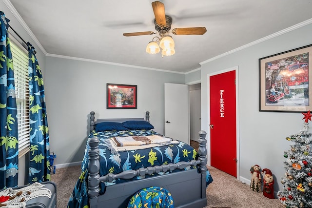 bedroom with a ceiling fan, carpet, crown molding, and baseboards