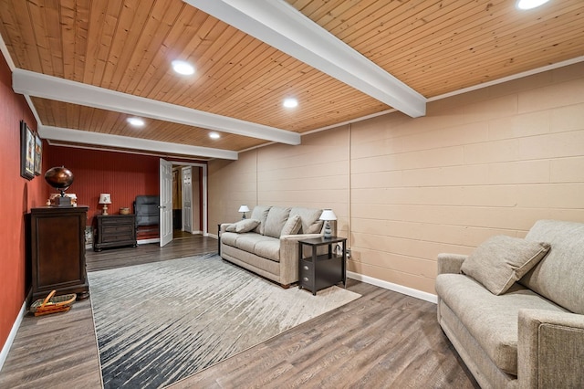 living area featuring wood ceiling, dark wood finished floors, beam ceiling, and baseboards