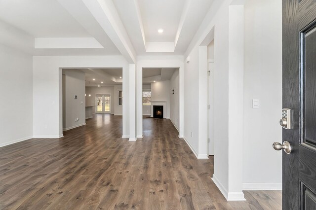 entrance foyer with a warm lit fireplace, a tray ceiling, dark wood-type flooring, and baseboards