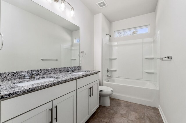 bathroom featuring shower / tub combination, toilet, a sink, visible vents, and double vanity