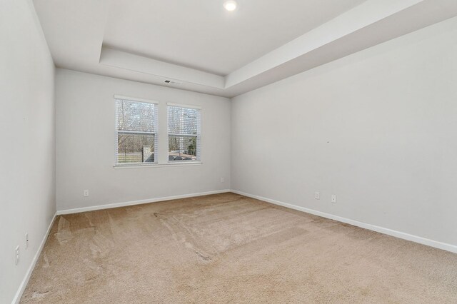 carpeted spare room with baseboards and a raised ceiling