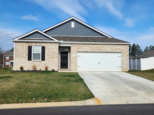 ranch-style home with an attached garage, brick siding, fence, driveway, and a front lawn