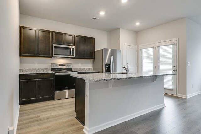 kitchen featuring visible vents, appliances with stainless steel finishes, a kitchen island with sink, a sink, and dark brown cabinetry