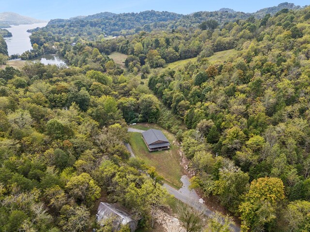 bird's eye view featuring a forest view and a water view