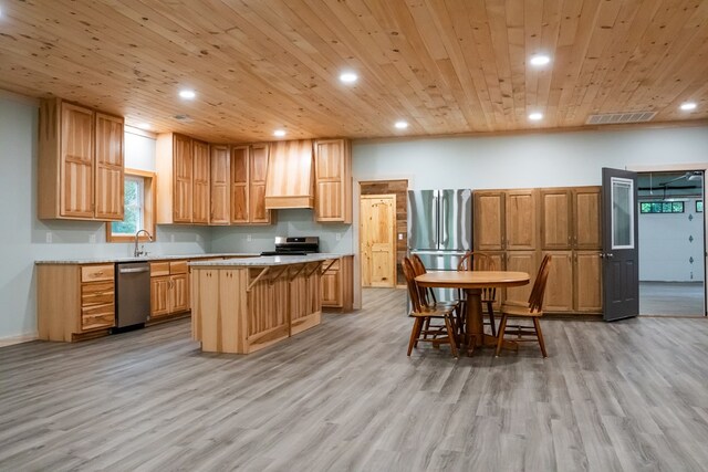 kitchen featuring a center island, stainless steel appliances, recessed lighting, visible vents, and wooden ceiling