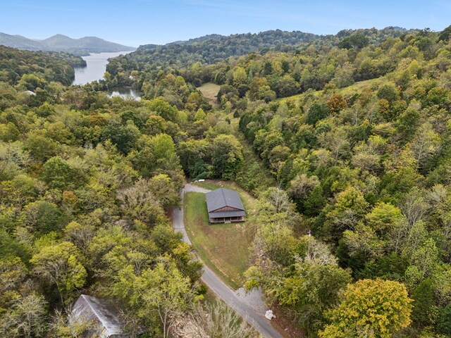 bird's eye view featuring a wooded view and a water and mountain view