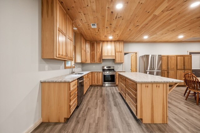 kitchen featuring appliances with stainless steel finishes, wooden ceiling, a sink, and a center island