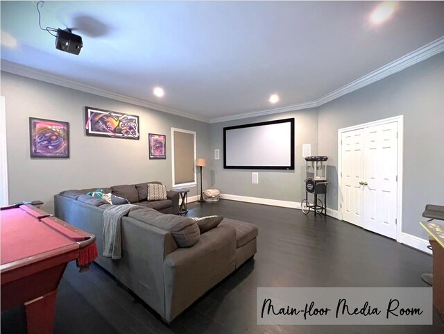 home theater room featuring ornamental molding, recessed lighting, pool table, and baseboards