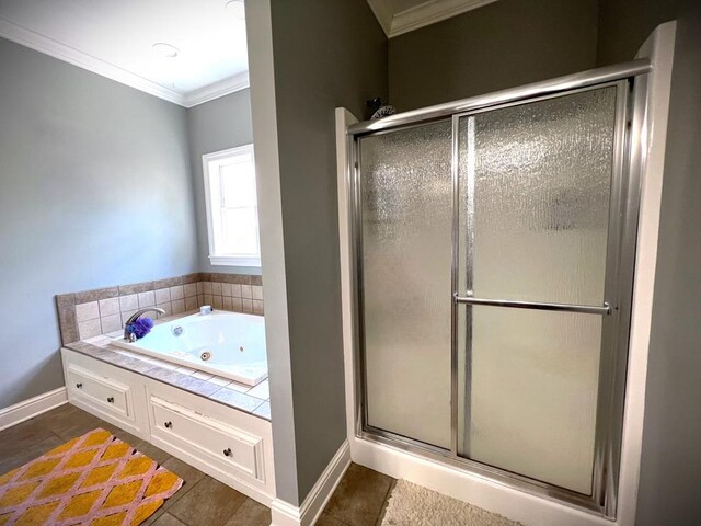 full bath with ornamental molding, baseboards, a shower with door, and a tub with jets