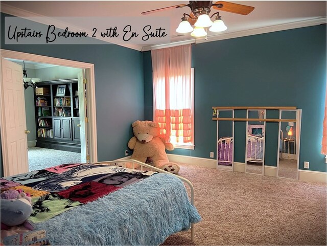 carpeted bedroom featuring baseboards, ornamental molding, and a ceiling fan