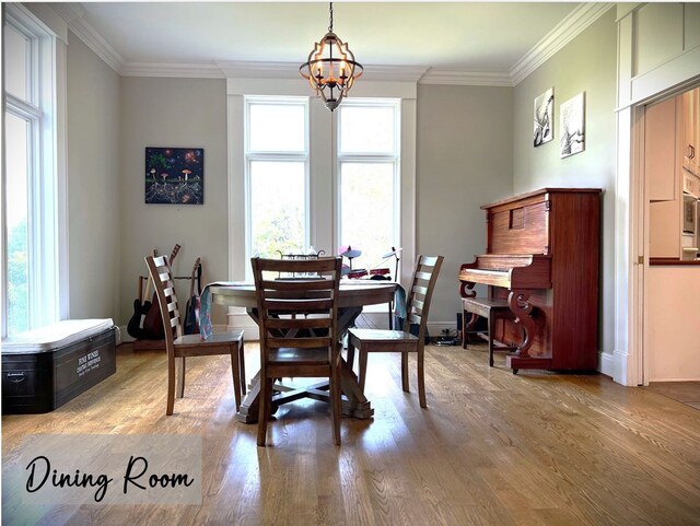 dining area with baseboards, crown molding, an inviting chandelier, and wood finished floors