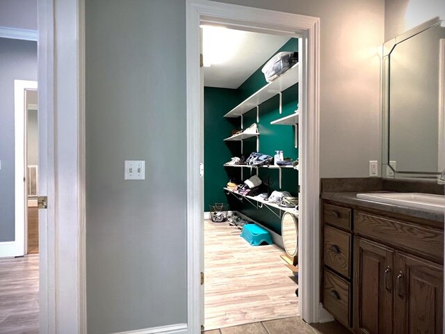 bathroom with baseboards, wood finished floors, and vanity