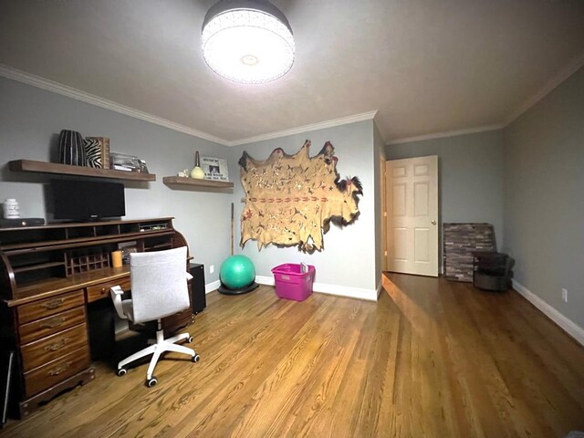 home office with baseboards, wood finished floors, and ornamental molding