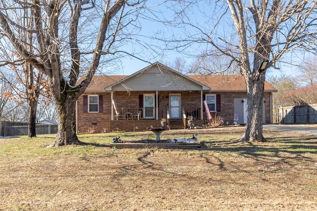 single story home with brick siding, crawl space, a front lawn, and fence