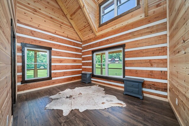 unfurnished room with wooden walls, dark wood finished floors, and a healthy amount of sunlight