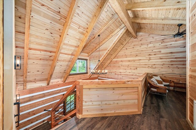 bonus room featuring wood ceiling, wooden walls, lofted ceiling with beams, and wood finished floors