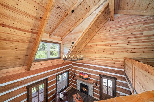 interior space with a chandelier, lofted ceiling with beams, a stone fireplace, wooden ceiling, and wood walls