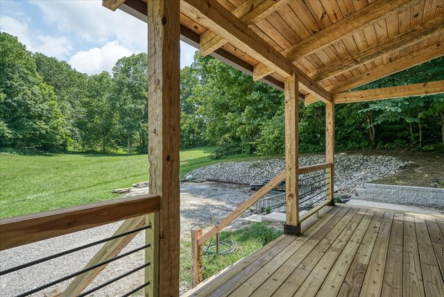 wooden deck featuring a yard