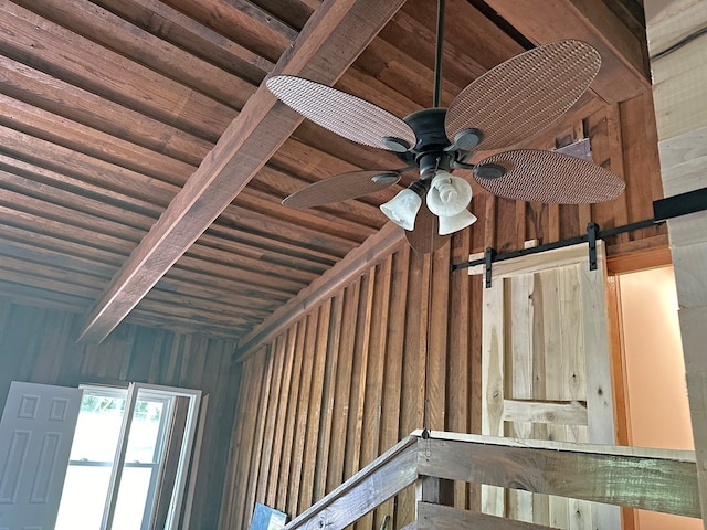 details featuring beam ceiling, wooden walls, wood ceiling, and a ceiling fan