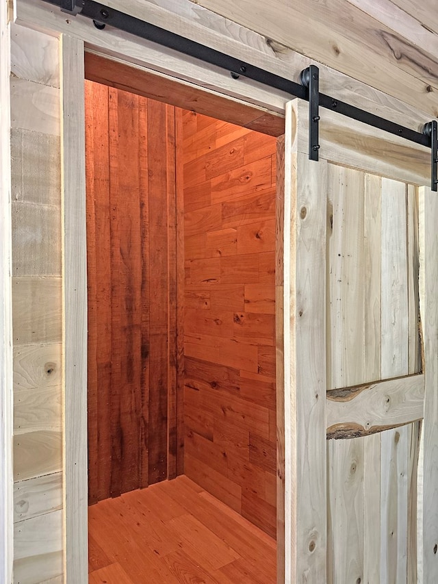 details with wood walls and a barn door