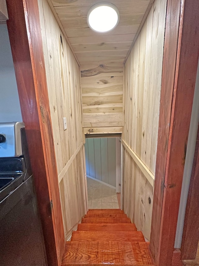 hall with wooden walls and wooden ceiling