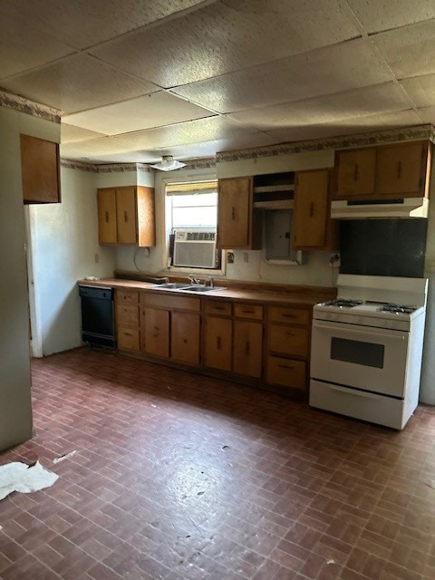 kitchen with brown cabinets, white range with gas cooktop, a sink, dishwasher, and under cabinet range hood