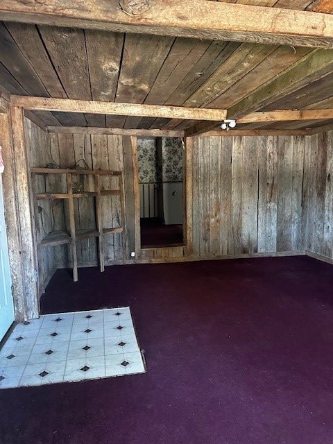 interior space featuring wooden ceiling and wooden walls