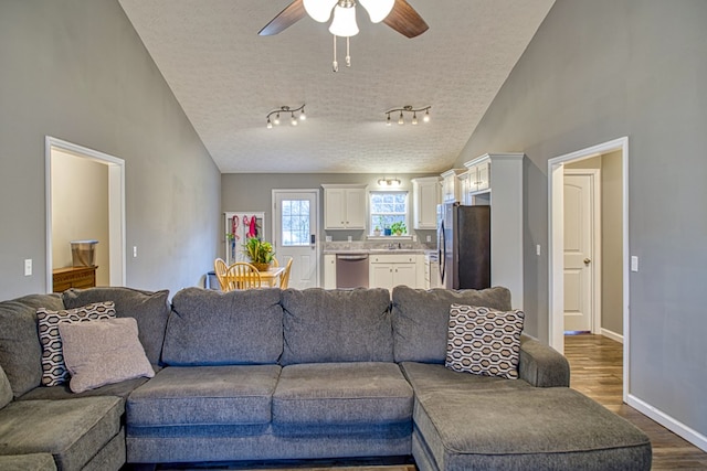 living area featuring baseboards, ceiling fan, wood finished floors, a textured ceiling, and track lighting