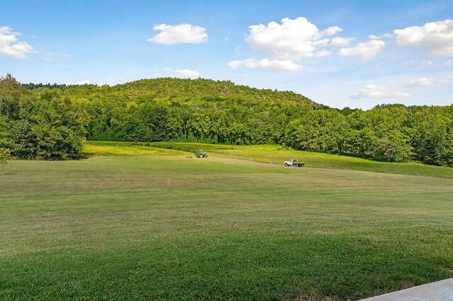 view of community featuring a yard and a wooded view