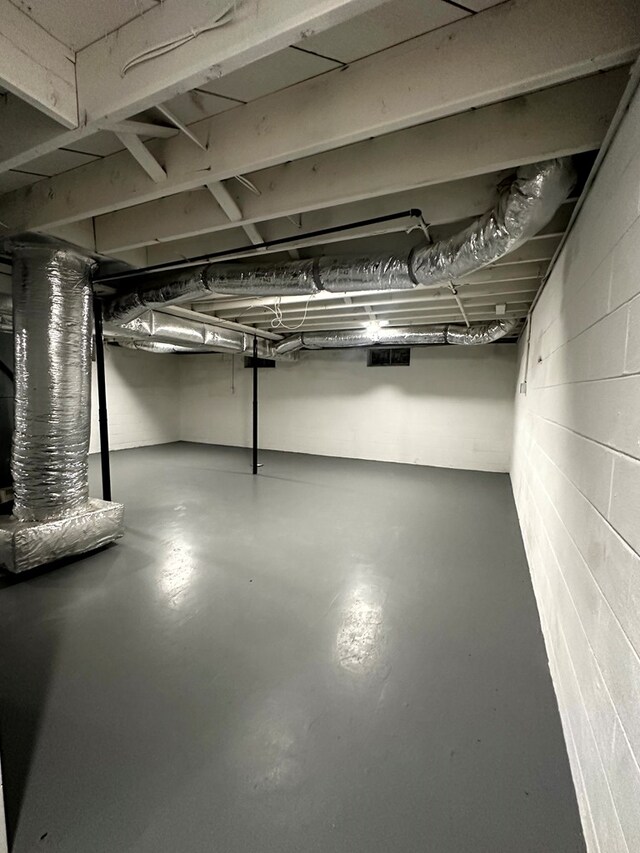 unfinished basement featuring concrete block wall