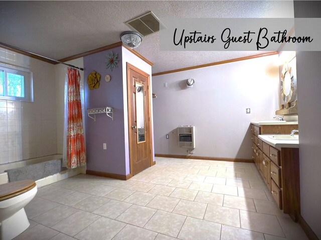 full bath with visible vents, toilet, vanity, a textured ceiling, and crown molding