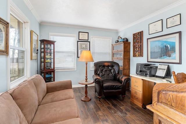 living room featuring dark wood-type flooring, ornamental molding, and baseboards